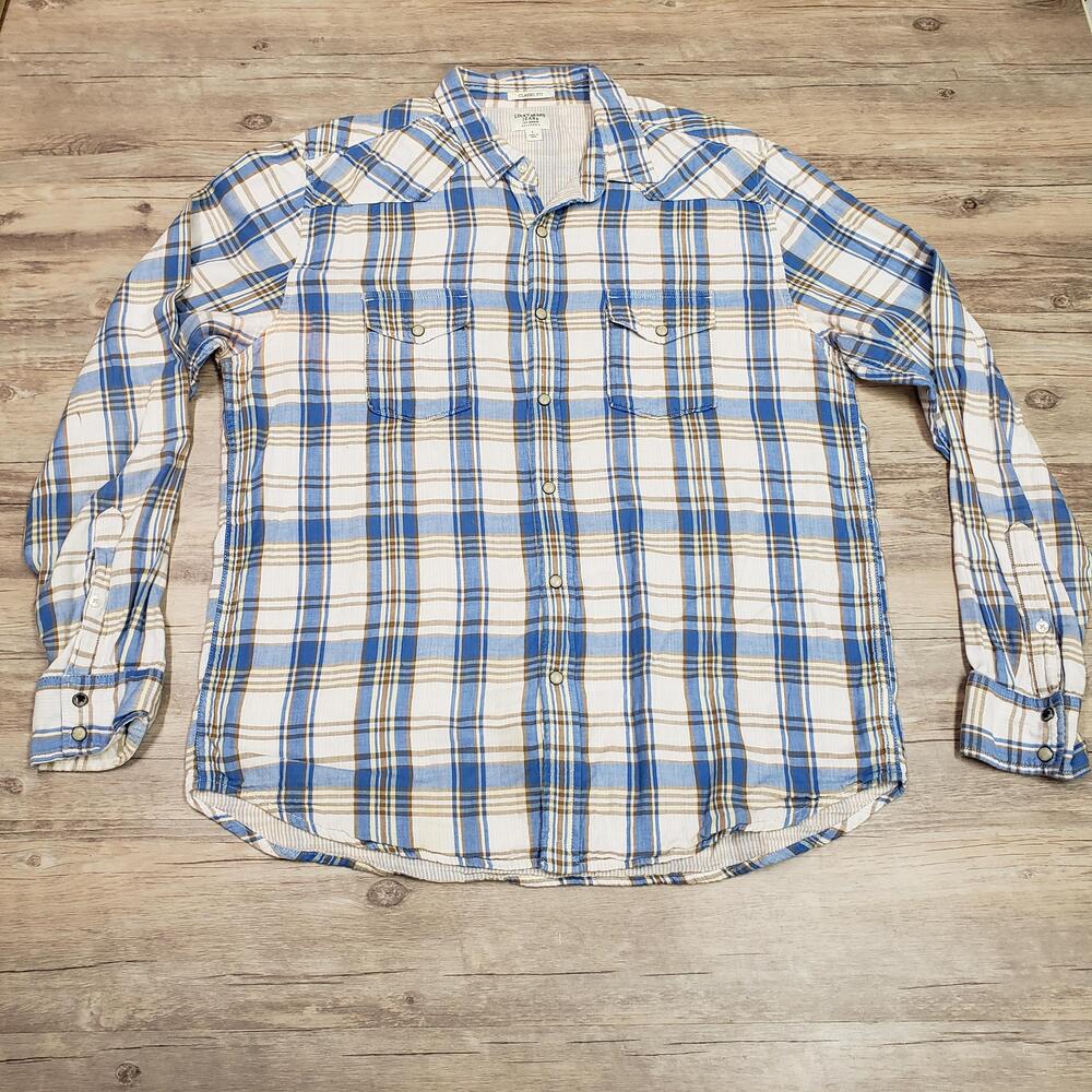 Lucky Brand Shirt Mens Large Blue Plaid Long Sleeve Western Button Up Casual